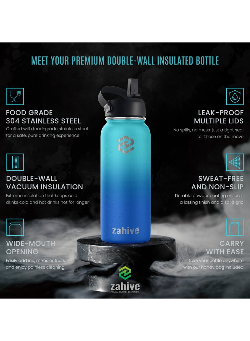 Stainless Steel Insulated Water Bottle with Straw with 3 Lids and Bag 1000 ml, Double Wall Thermos for Hot and Cold Drinks for Gym and Work, Wide Mouth, Leak Proof, 1 liter, Ocean Blue