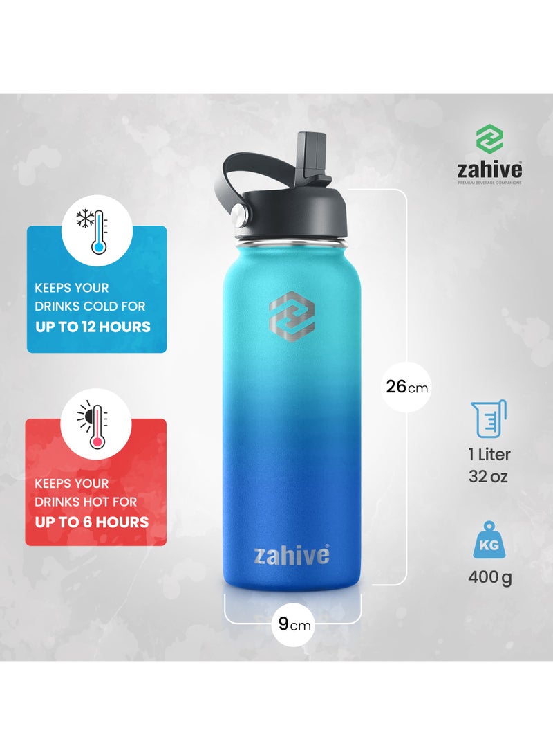 Stainless Steel Insulated Water Bottle with Straw with 3 Lids and Bag 1000 ml, Double Wall Thermos for Hot and Cold Drinks for Gym and Work, Wide Mouth, Leak Proof, 1 liter, Ocean Blue