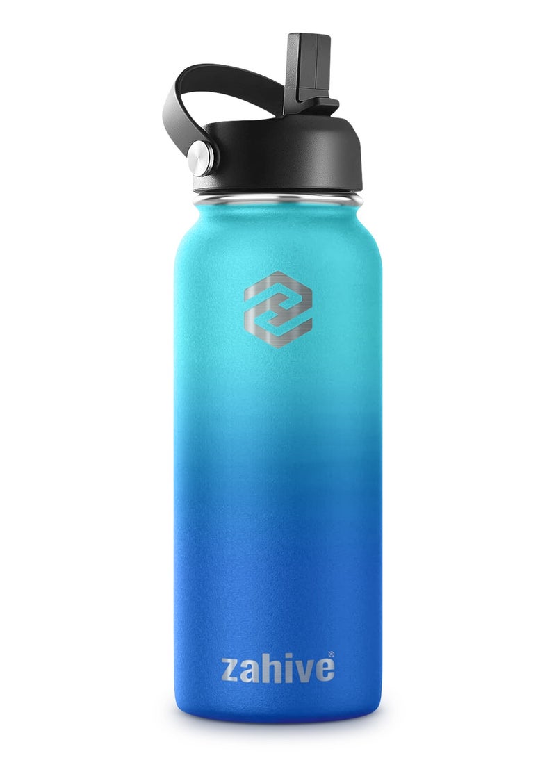 Stainless Steel Insulated Water Bottle with Straw with 3 Lids and Bag 1000 ml, Double Wall Thermos for Hot and Cold Drinks for Gym and Work, Wide Mouth, Leak Proof, 1 liter, Ocean Blue