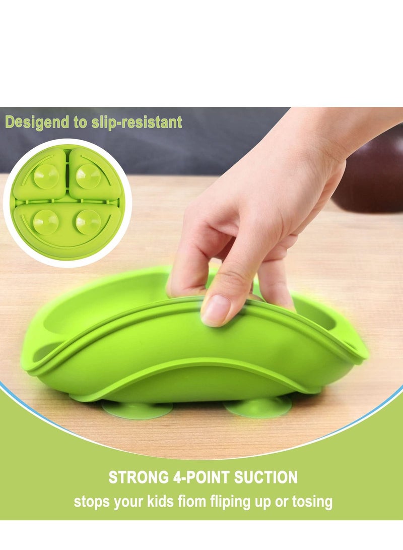 3 Pack Safe Silicone Baby Suction Plates, Toddler Divided Plate Set with Spoon Fork, Dishwasher and Microwave Safe Blue, Green, Gray