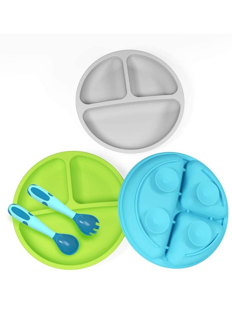 3 Pack Safe Silicone Baby Suction Plates, Toddler Divided Plate Set with Spoon Fork, Dishwasher and Microwave Safe Blue, Green, Gray
