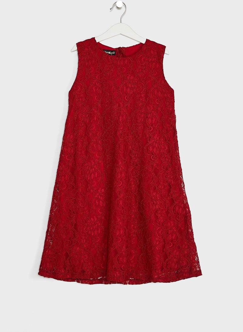 Kids Little Solid Lace Detailed  Dress