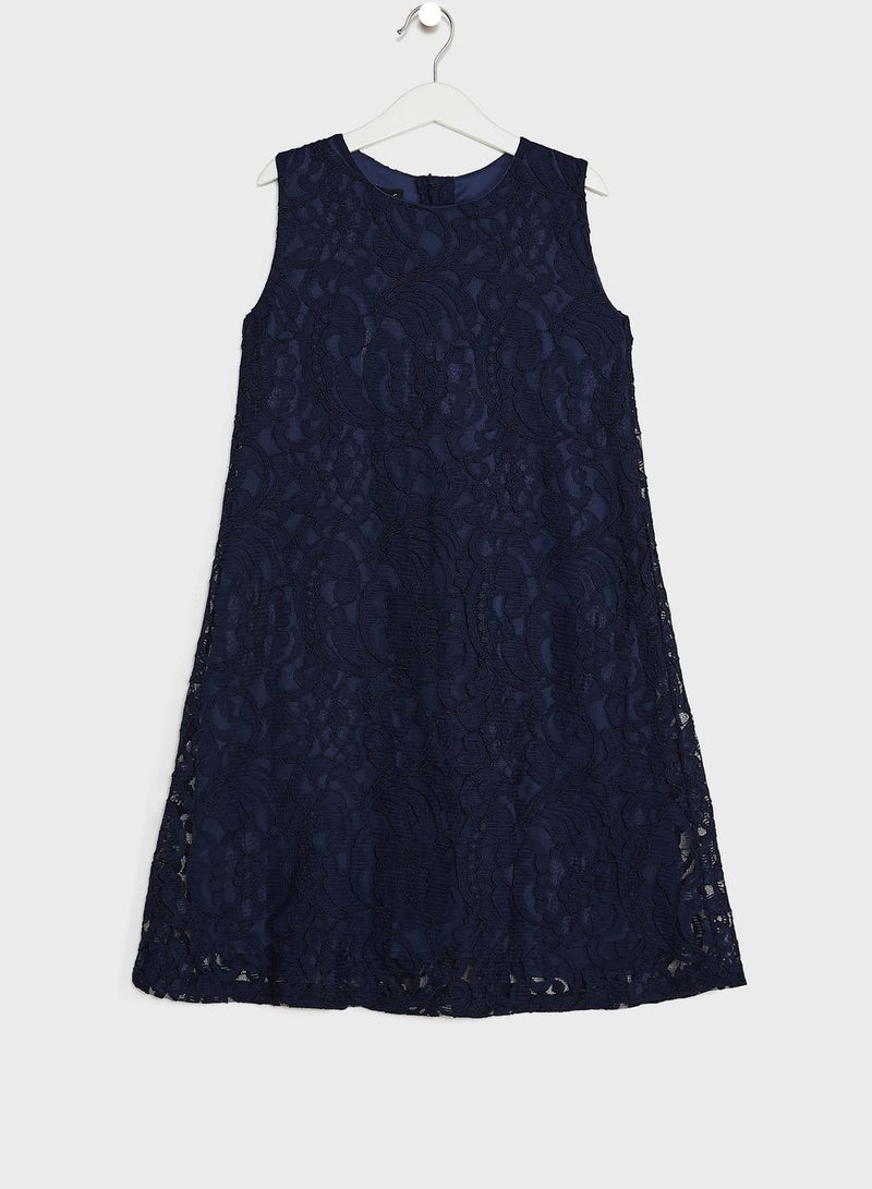 Kids Little Solid Lace Detailed  Dress