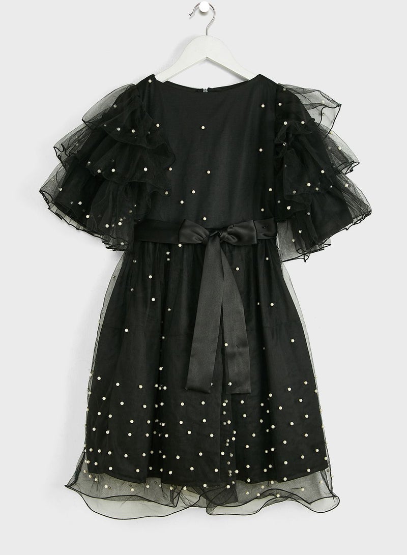 Kids Net Pearl Detailed Dress