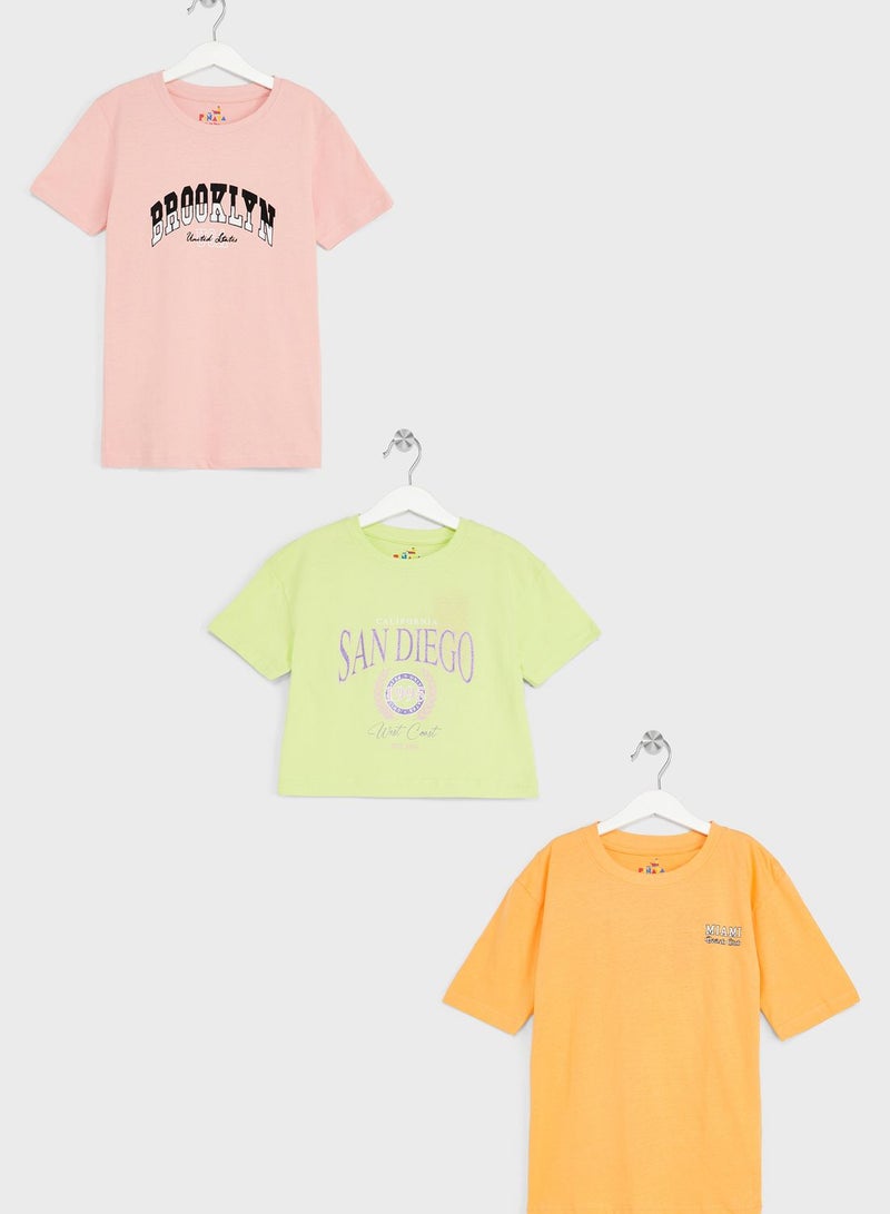 Girls Pack Of 3 Printed T-Shirt Set