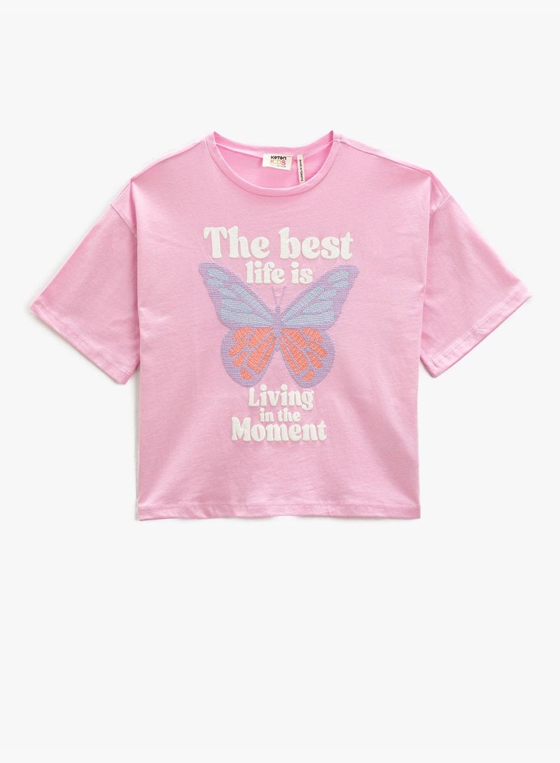 Butterfly Embroidered T-Shirt Short Sleeve Crew Neck Cotton