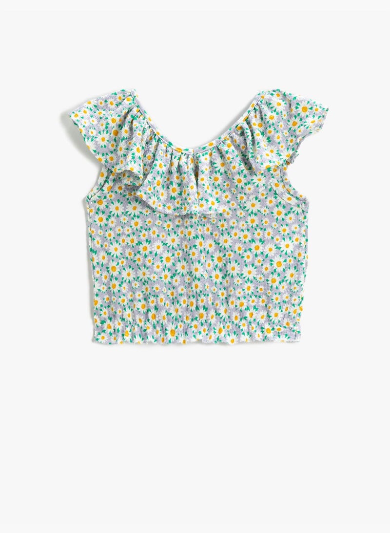 Floral Crop T-Shirt Ruffle Shoulder-Off