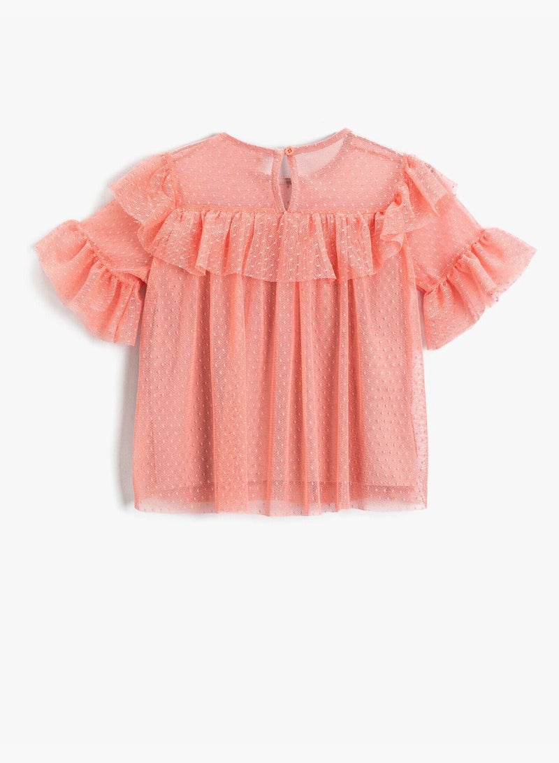 Fluffy Ruffled Sleeves Tulle Crew Neck T-Shirt