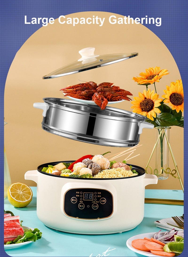 5L 1350W Electric Hot Pot with Steamer & Temperature Control - Non-Stick Electric Cooker Shabu Shabu Electric Skillet  Frying Pan Electric Saucepan for Noodles Egg  Steak Oatmeal and Soup