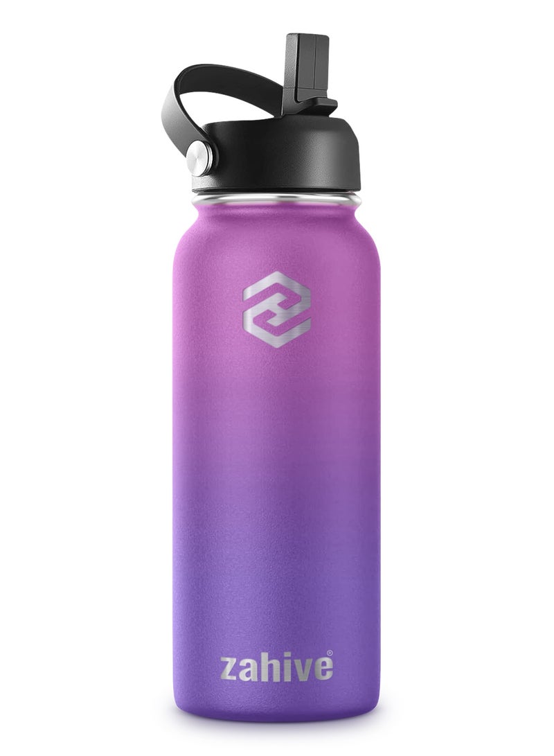 Stainless Steel Insulated Water Bottle with Straw with 3 Lids and Bag 1000 ml, Double Wall Thermos for Hot and Cold Drinks for Gym and Work, Wide Mouth, Leak Proof, 1 litre, Purple