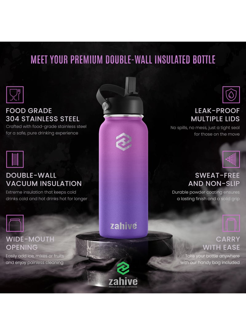 Stainless Steel Insulated Water Bottle with Straw with 3 Lids and Bag 1000 ml, Double Wall Thermos for Hot and Cold Drinks for Gym and Work, Wide Mouth, Leak Proof, 1 litre, Purple