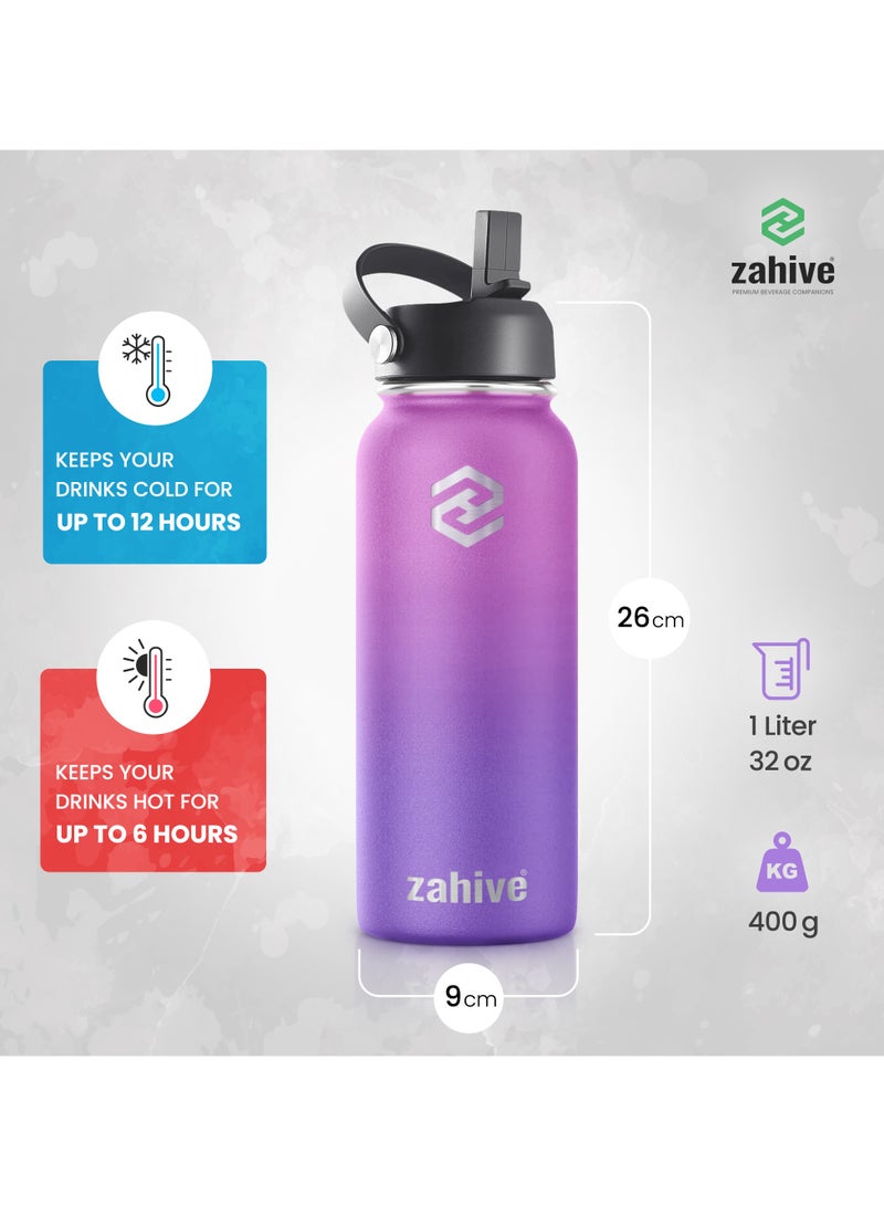 Stainless Steel Insulated Water Bottle with Straw with 3 Lids and Bag 1000 ml, Double Wall Thermos for Hot and Cold Drinks for Gym and Work, Wide Mouth, Leak Proof, 1 litre, Purple