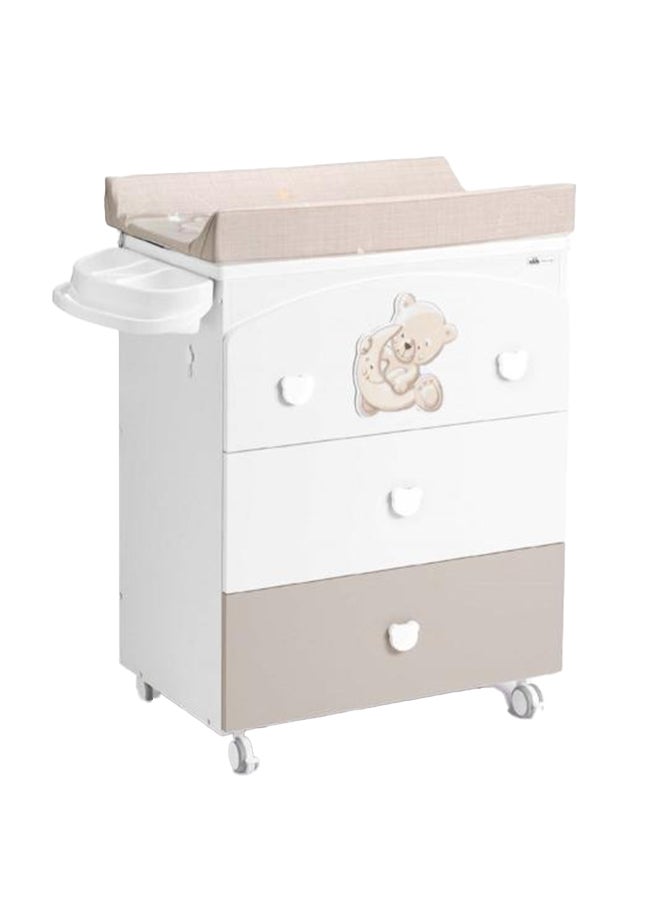 Baby Changing Station With Wood Cabinet, Wheels - Beige