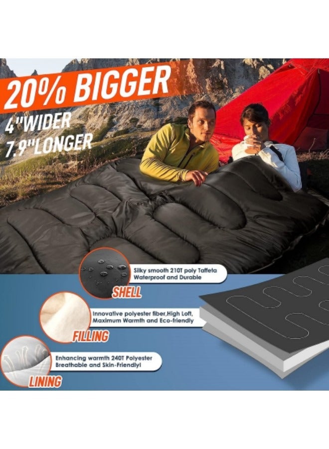 Double Sleeping Bag, Ultra-Light Goose Down Sleeping Bag, Lightweight Sleeping Bags for Adults, Cotton Hollow Filled 0-20 Degree, 3.2kg, 230 * 160cm Black