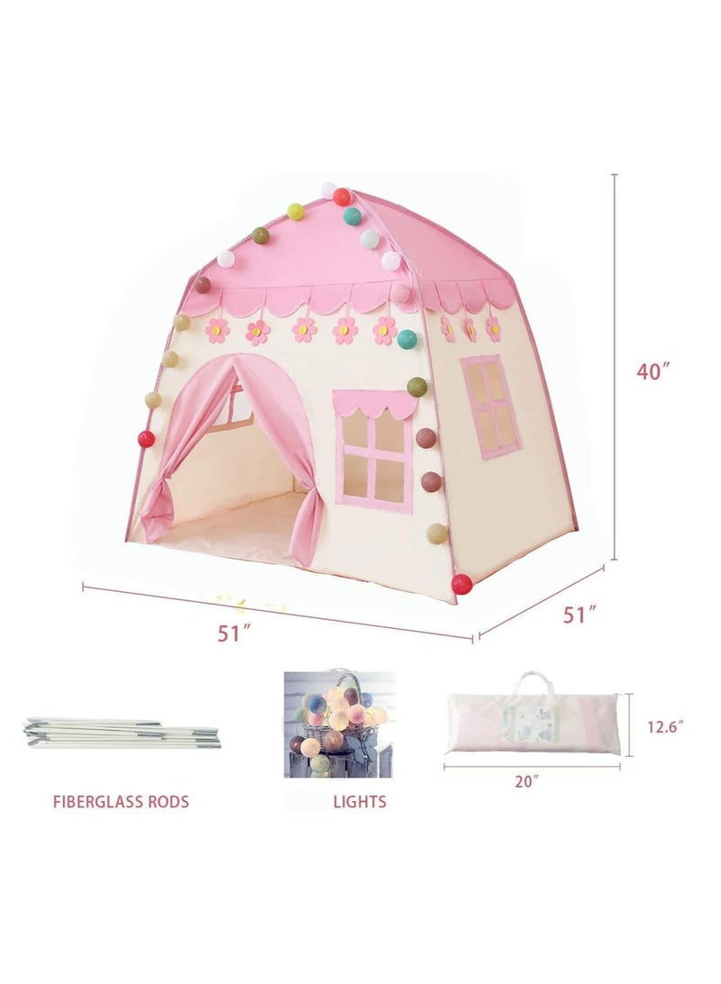 Kids Princess Tents with Ball Light, Rug for Girls Boys Kids Gift 51 x 51 x 40 Inch Play Tent Princess Castle Playhouse Tent, Pink Castle for Indoor Outdoor Birthday Children Room