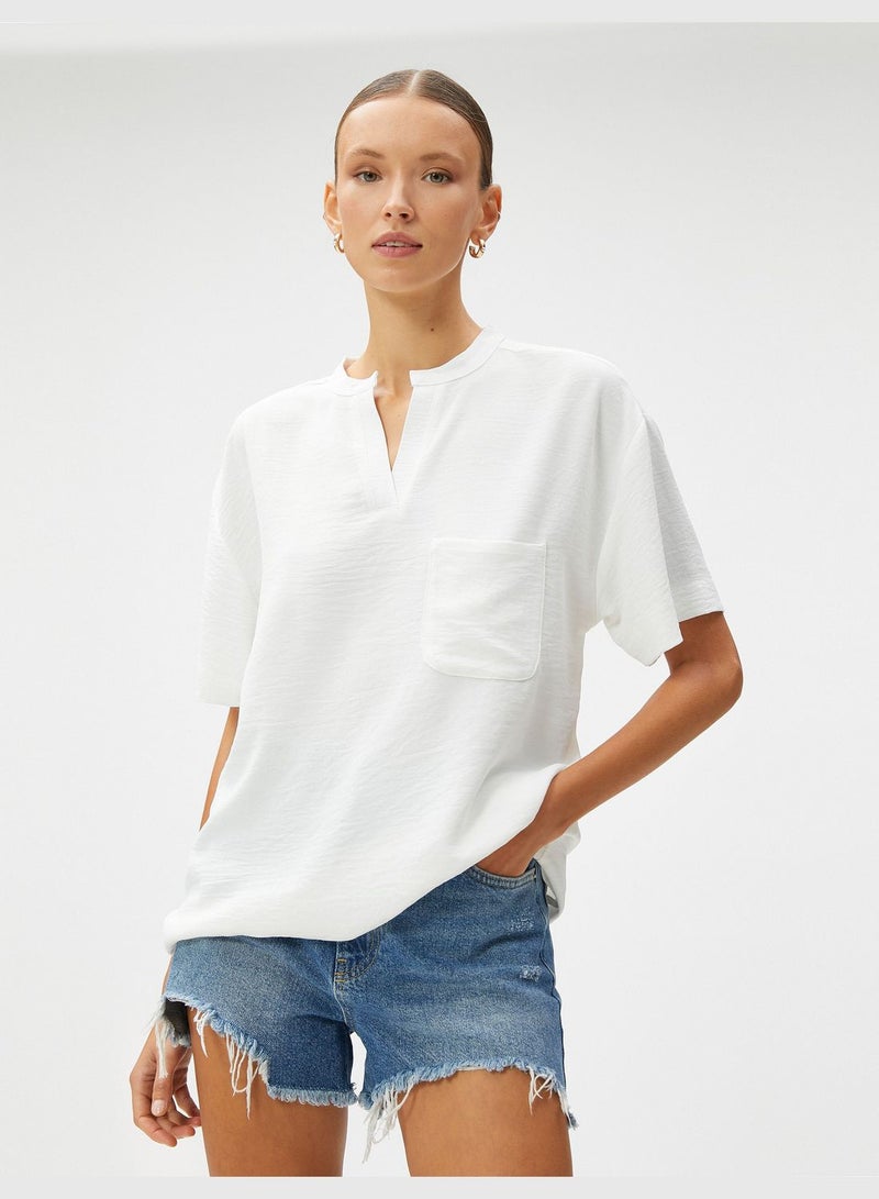 Short Sleeve Blouse Pocket Mandarin Neck