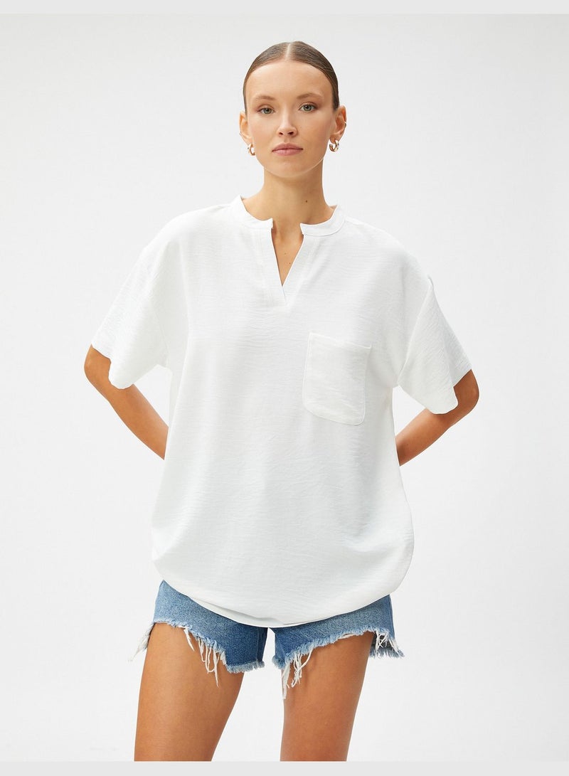 Short Sleeve Blouse Pocket Mandarin Neck