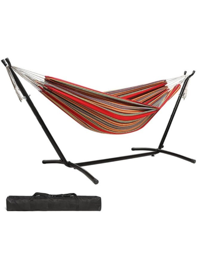 Single Double Hammock with Stand, Portable Camping Hammock Space-saving Steel Stand, Adjustable Base Height Canvas Hammock Set, 450lb Capacity with Carry Bag