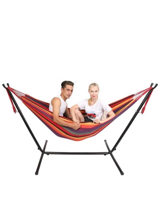 Single Double Hammock with Stand, Portable Camping Hammock Space-saving Steel Stand, Adjustable Base Height Canvas Hammock Set, 450lb Capacity with Carry Bag