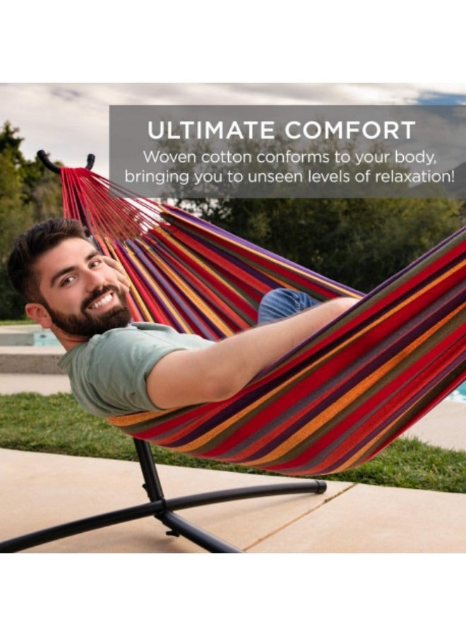 Single Double Hammock with Stand, Portable Camping Hammock Space-saving Steel Stand, Adjustable Base Height Canvas Hammock Set, 450lb Capacity with Carry Bag