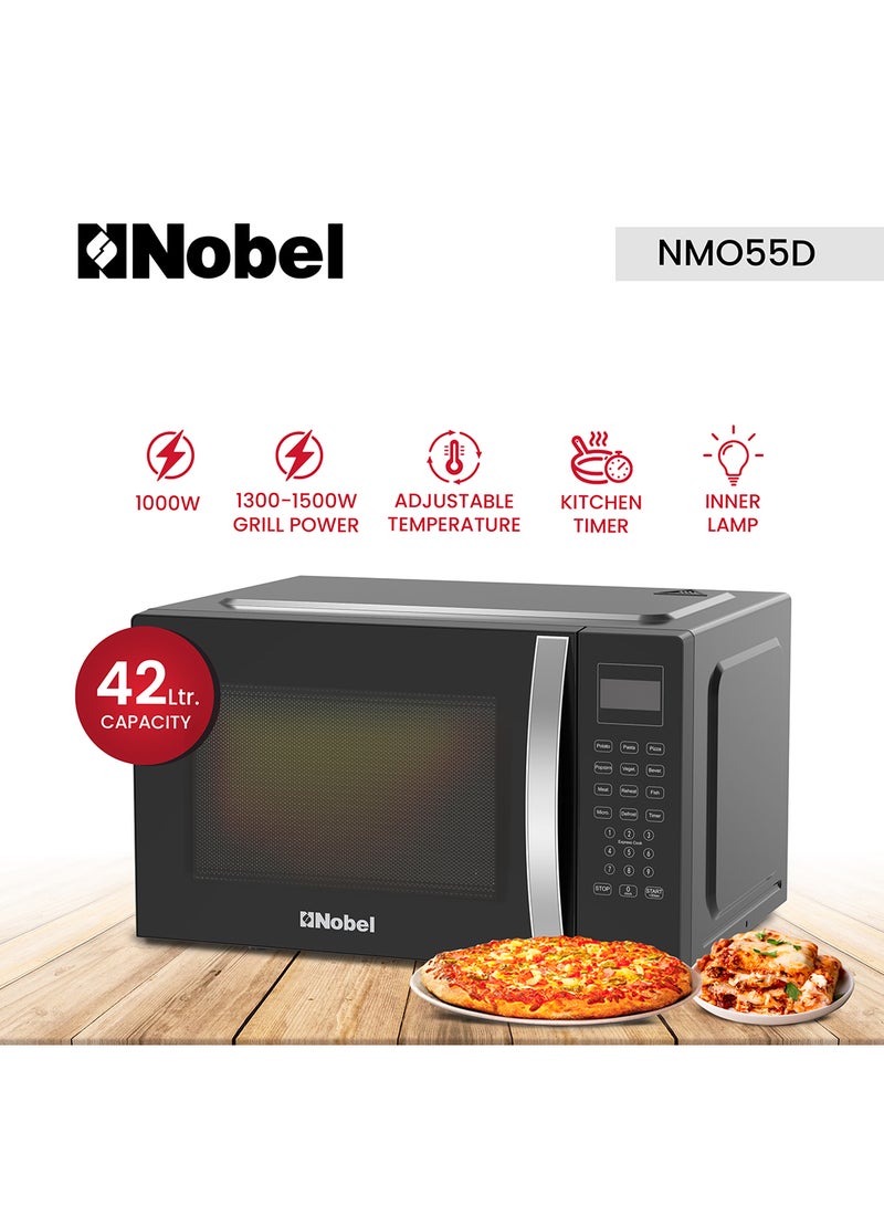 42 Liters Capacity Microwave Oven, Membrane Control, Defrost Setting, 8 Auto Menu Cooking, 10 Power Levels, Silver Handle Door Opening with 1 Year Warranty 42 L 1500 W NMO55D Black