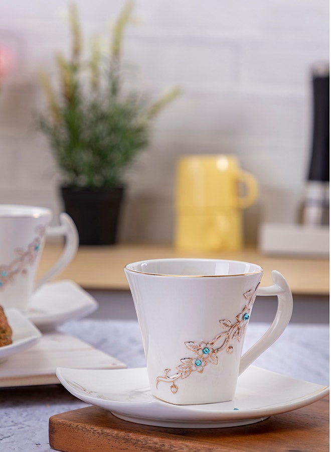 12-Piece Bone Square Cup And Saucer Set White/Gold 220ml