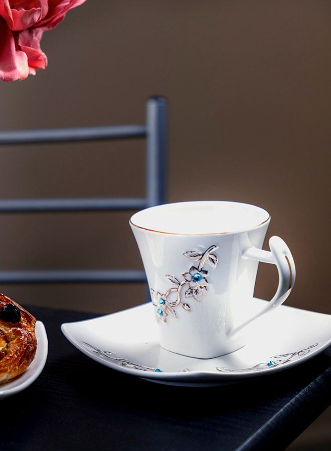 12-Piece Bone Square Cup And Saucer Set White/Gold 220ml