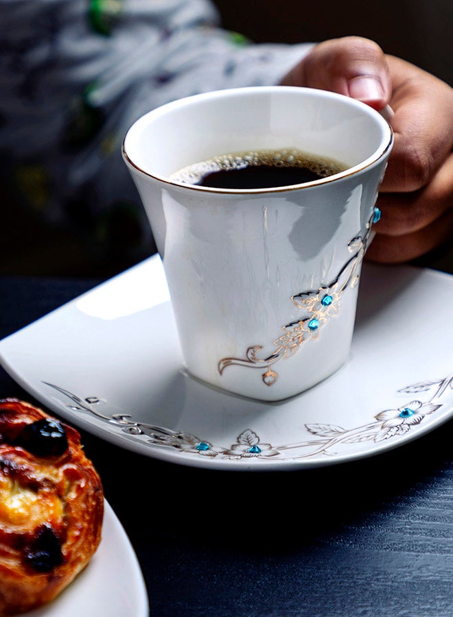 12-Piece Bone Square Cup And Saucer Set White/Gold 220ml