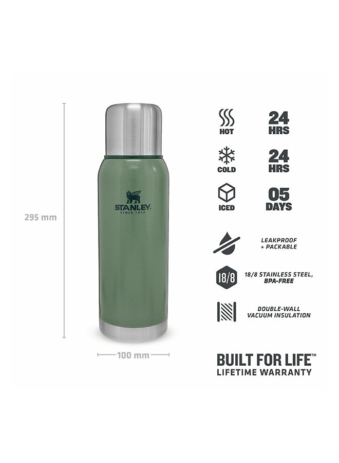 Adventure Stainless Steel Vacuum Bottle 1L / 1.1QT Hammertone Green – BPA FREE Stainless Steel Thermos | Keeps Cold or Hot for 24 Hours | Leakproof Lid Doubles as Cup | Lifetime Warranty