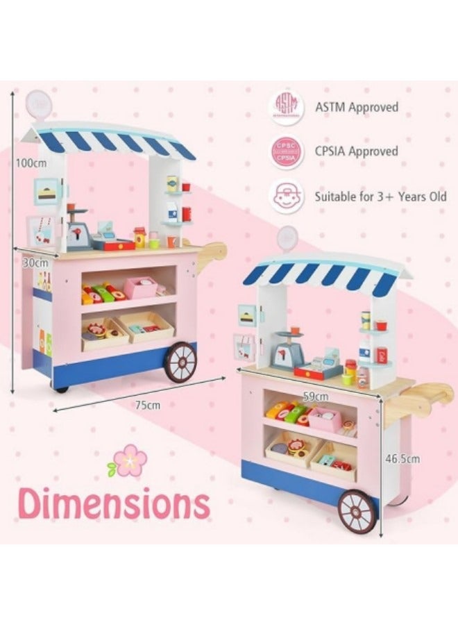 Grocery Store Stand Cart Playset for Toddlers,Pretend Wooden Grocery Store Role Play Kids Toy Set,Kid's Playroom Furniture Grocery Farmers Market Stand for Pretend Play