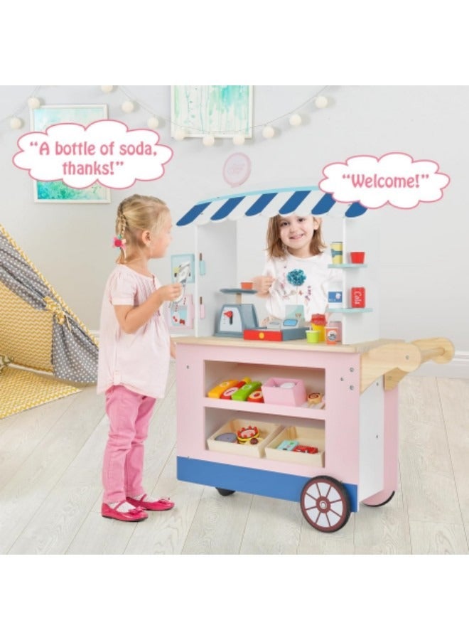 Grocery Store Stand Cart Playset for Toddlers,Pretend Wooden Grocery Store Role Play Kids Toy Set,Kid's Playroom Furniture Grocery Farmers Market Stand for Pretend Play