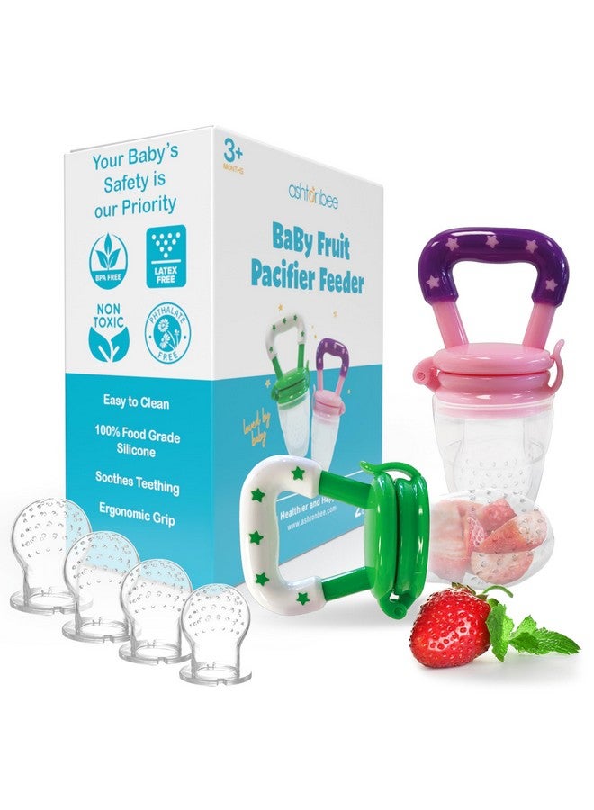 2In1 Fruit Feeder And Teething Toy Ultrasoft Silicone Teether For Baby Feeding And Teething Relief Includes 1 Pink And 1 Green Pacifiers For Babies