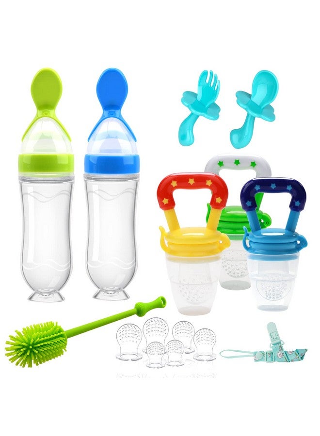 Food Feeder Baby Fruit Feeder Pacifier (3 Pcs) With 6 Different Sized Silicone Pacifiers 2 Pcs Silicone Baby Food Dispensing Spoon 90Ml With 2 Baby Spoons Silicone Bottle Brush Pacifier Clip