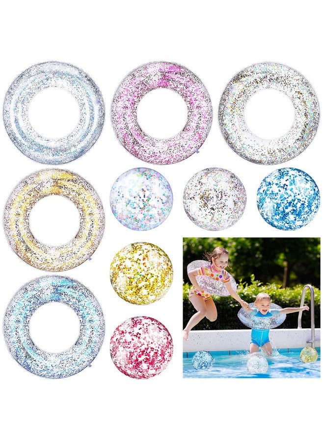 10 Pcs Inflatable Pool Float Kids With Colorful Glitters Beach Ball Transparent Swimming Ring Inflatable Flotation Transparent Inflatable Inner Tube For Kids Adults Swimming Pool Beach