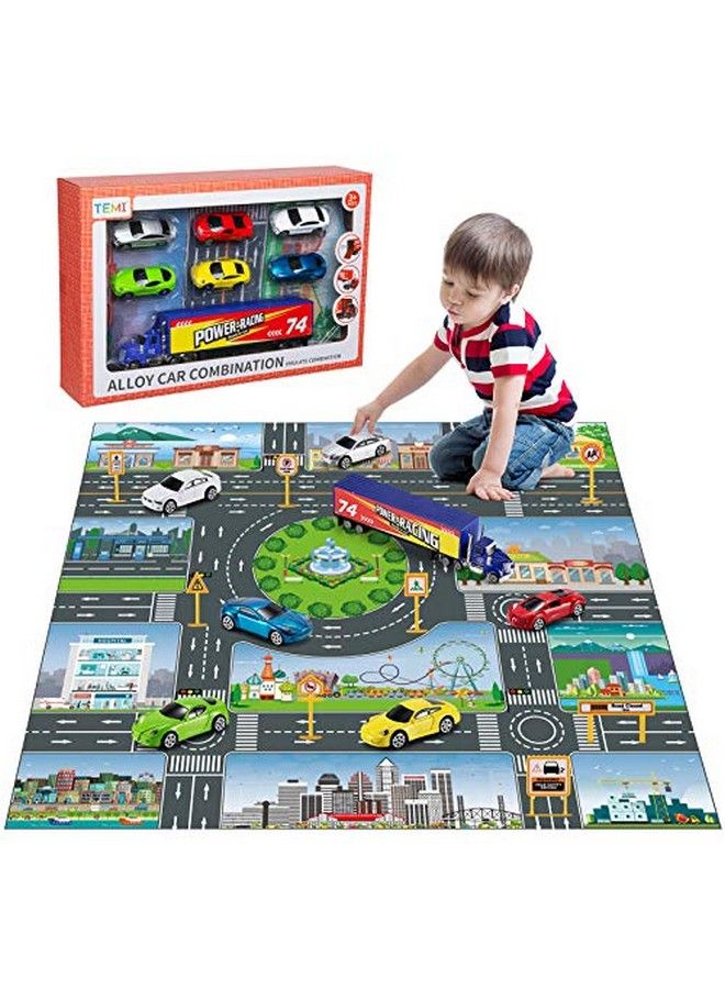 Diecast Racing Cars Toy Set WActivity Play Mat Truck Carrier Alloy Metal Race Model Car & Assorted Vehicle Play Set For Kids Boys & Girls