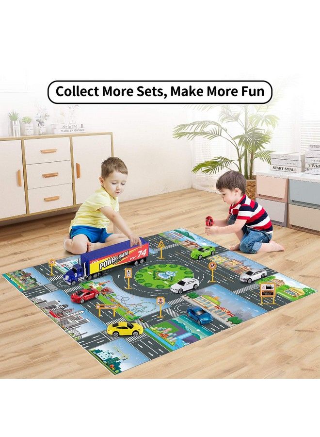 Diecast Racing Cars Toy Set WActivity Play Mat Truck Carrier Alloy Metal Race Model Car & Assorted Vehicle Play Set For Kids Boys & Girls