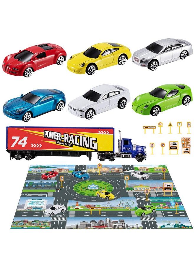 Diecast Racing Cars Toy Set WActivity Play Mat Truck Carrier Alloy Metal Race Model Car & Assorted Vehicle Play Set For Kids Boys & Girls