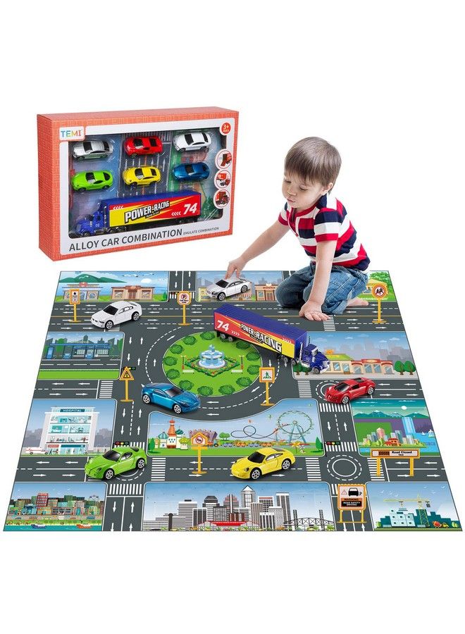 Diecast Racing Cars Toy Set WActivity Play Mat Truck Carrier Alloy Metal Race Model Car & Assorted Vehicle Play Set For Kids Boys & Girls