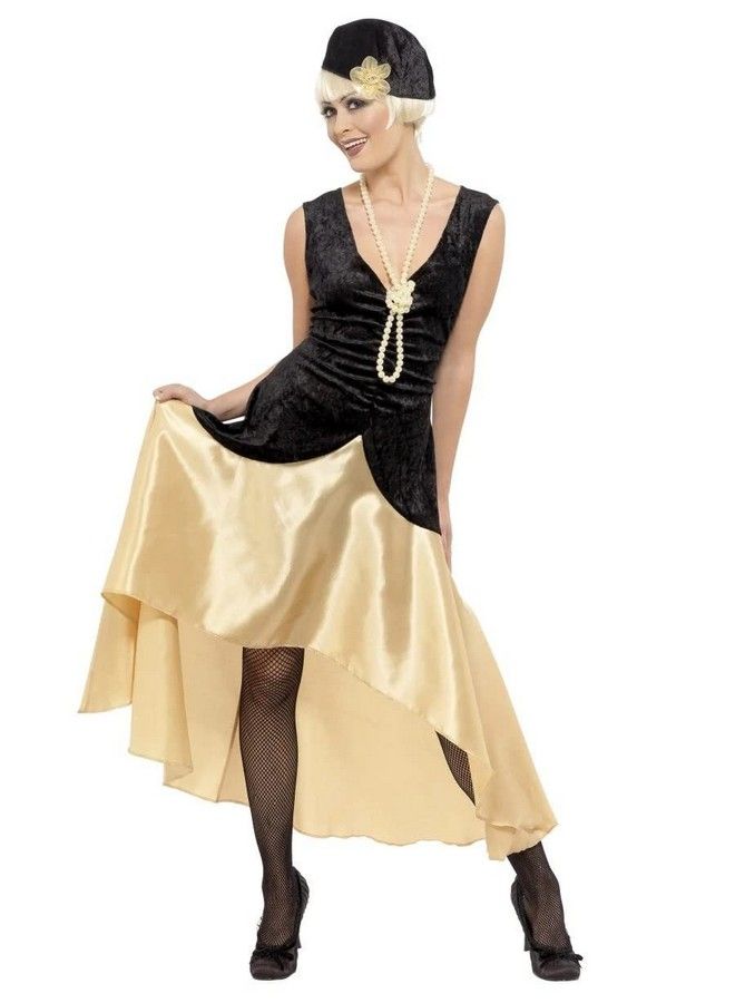 WomenS 20S Gatsby Girl Costume And Dress Hat And Pearl Necklace BlackGold Large