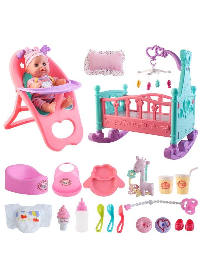 12” Baby Doll Play Set With Crib Mobile High Chair Feeding Accessories Interactive Dolls For Girls Kids Pretend Play Baby Dolls 21 Pcs