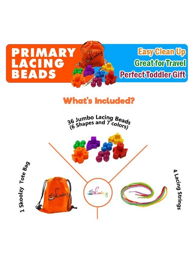 Jumbo Lacing Beads 41 Piece Set Autism Fine Motor Skills Montessori Toys 36 String Beads 4 Strings Travel Bag Preschool Activities Ebook Set