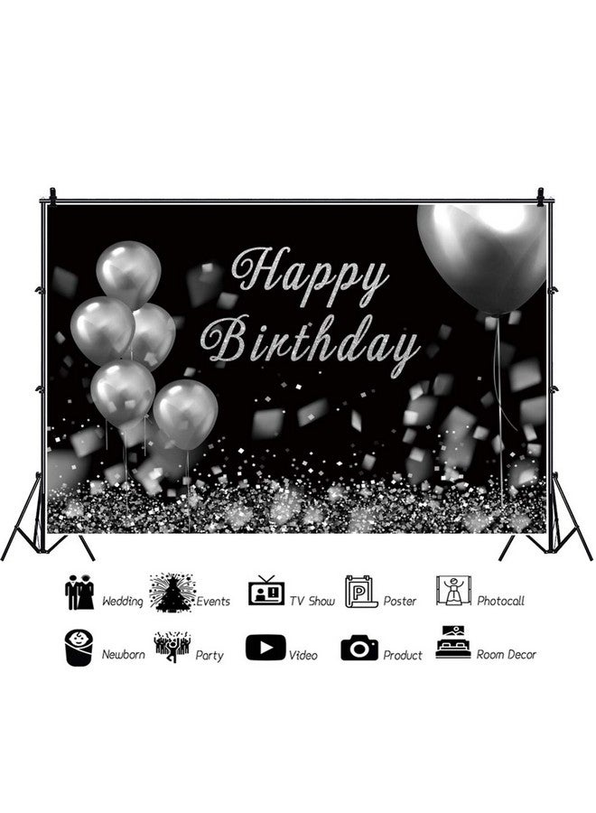 10X6.5Ft Happy Birthday Photography Background Diamond Shiny Glitter Silver White And Black Balloons Backdrop Birthday Ceremony Decoration White Black Birthday Party Supplies Adult Photo Prop