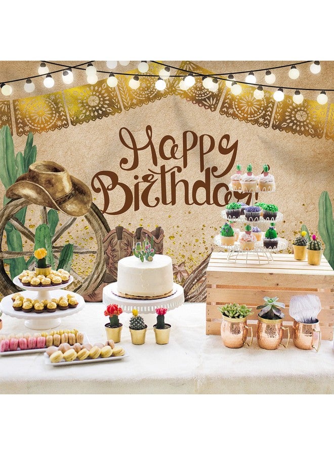 Western Cowboy Happy Birthday Backdrop Fiesta Rustic Old West Rodeo Photography Background Cactus Brown Birthday Party Decoration Cake Table Banner Supplies Photo Booth Studio Props 7X5Ft