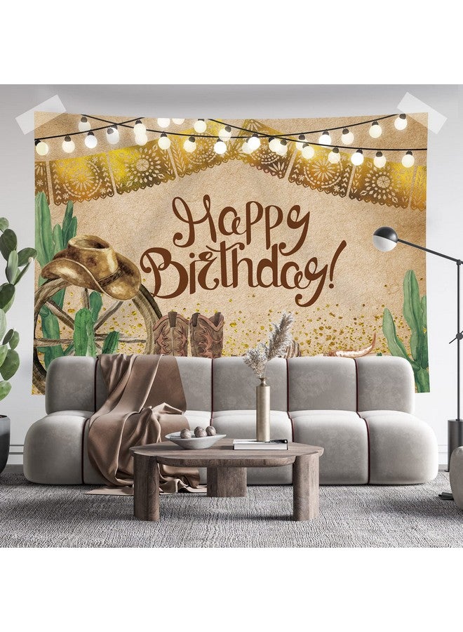 Western Cowboy Happy Birthday Backdrop Fiesta Rustic Old West Rodeo Photography Background Cactus Brown Birthday Party Decoration Cake Table Banner Supplies Photo Booth Studio Props 7X5Ft