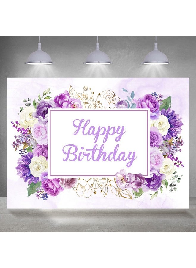 Happy Birthday Backdrop Women Girls Purple And White Flowers Birthday Photography Background Spring Floral Party Cake Table Decorations Supplies Favors Photo Booth Props 7X5Ft