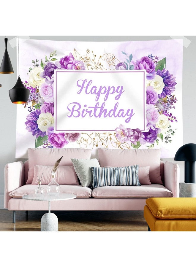 Happy Birthday Backdrop Women Girls Purple And White Flowers Birthday Photography Background Spring Floral Party Cake Table Decorations Supplies Favors Photo Booth Props 7X5Ft