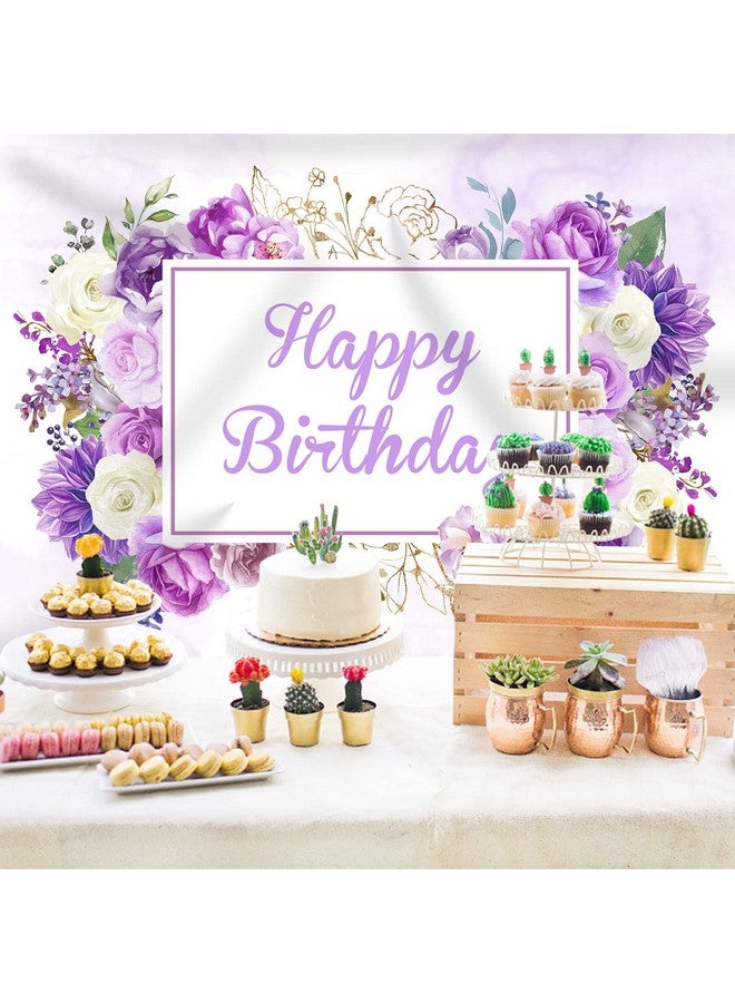 Happy Birthday Backdrop Women Girls Purple And White Flowers Birthday Photography Background Spring Floral Party Cake Table Decorations Supplies Favors Photo Booth Props 7X5Ft