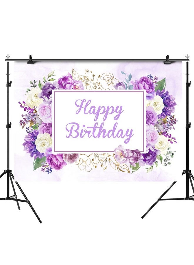 Happy Birthday Backdrop Women Girls Purple And White Flowers Birthday Photography Background Spring Floral Party Cake Table Decorations Supplies Favors Photo Booth Props 7X5Ft