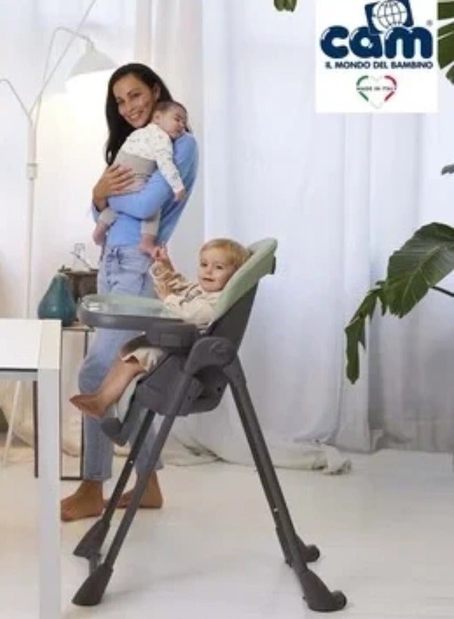 Cam - Pappananna Icon High Chair - Gray- Feeding Chair For Baby, Ultra Modern  High Chair, From 6 Months To 15 Kg, Soft Padding, 5-Point Safety Harness, Rear Castors, Super Compact.Made In Italy