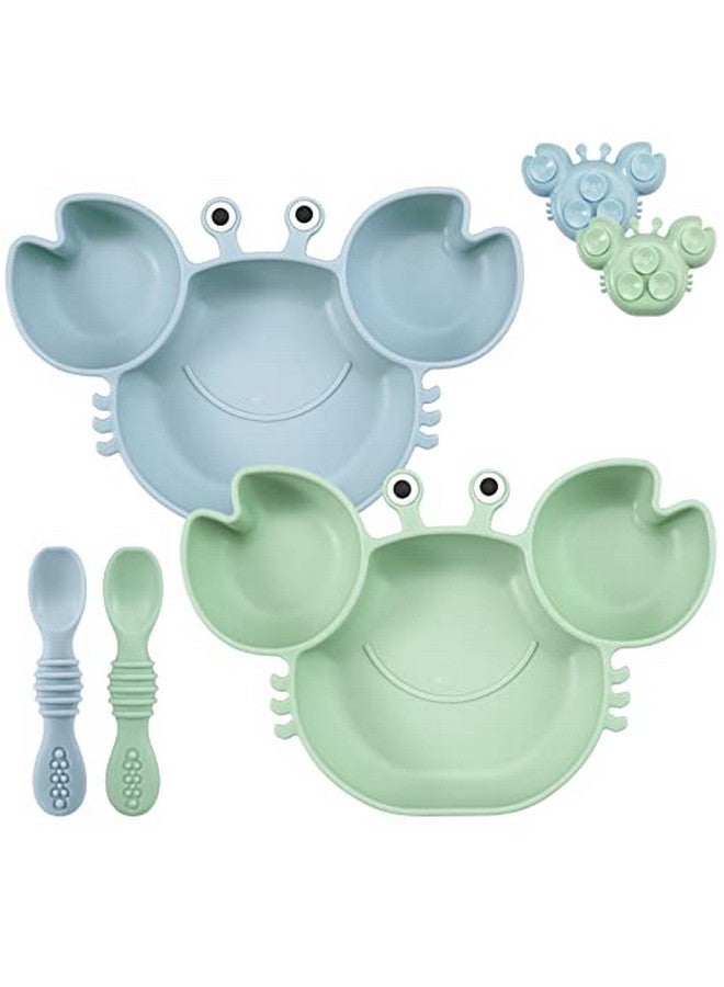 2 Pack Silicone Suction Plate For Baby Divided Unbreakable Toddler Food Plate With 2 Pack Spoons For Self Feeding Toddler Utensils Feeding Set Baby Eating Supplies Crab Shape Blue&Green